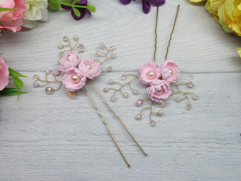 Set-for-wedding Set-for-bridal Set-for-flower girl Wedding hair pins Pink for flower girl Flower hair pins Pink hair pins Bridal pins