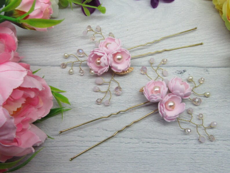 Set-for-wedding Set-for-bridal Set-for-flower girl Wedding hair pins Pink for flower girl Flower hair pins Pink hair pins Bridal pins
