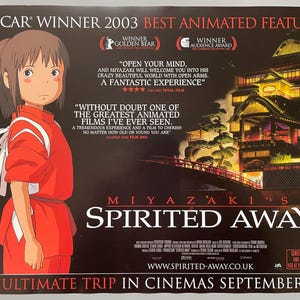 May include: A movie poster for "Spirited Away" features a young girl in a red outfit, with text including "Oscar Winner 2003 Best Animated Feature." The poster showcases a detailed illustration of a traditional Japanese building.