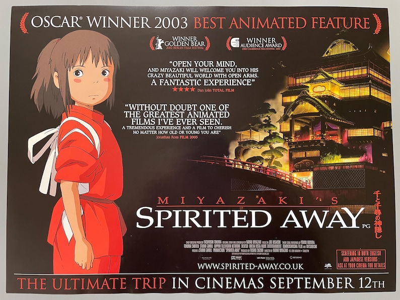 May include: A movie poster for "Spirited Away" features a young girl in a red outfit, with text including "Oscar Winner 2003 Best Animated Feature." The poster showcases a detailed illustration of a traditional Japanese building.
