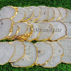 White Agate Coasters Set of 4 Gold or Silver Electroplated, Handmade Coaster, Home Decor