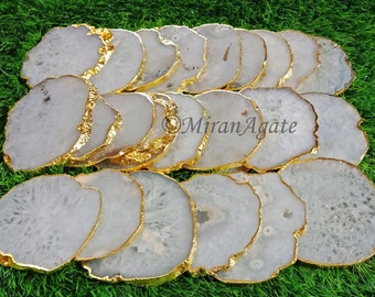 White Agate Coasters Set of 4 Gold or Silver Electroplated, Handmade Coaster, Home Decor