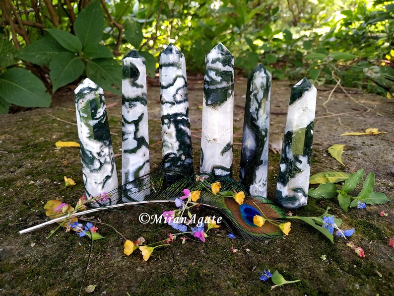 Wholesale Moss Agate Obelisk Lot of 6 Pieces Natural Druzy Moss Agate Crystal Healing Wand