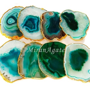 Green Agate Coasters Set of 4 Gold or Silver Electroplated, Handmade Coaster, Home Decor