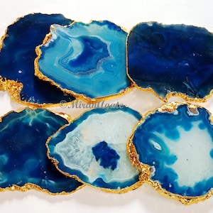 Blue Agate Coaster Set of 4 Gold or Silver Electroplated, Handmade Coaster, Table Coaster, Home Decor