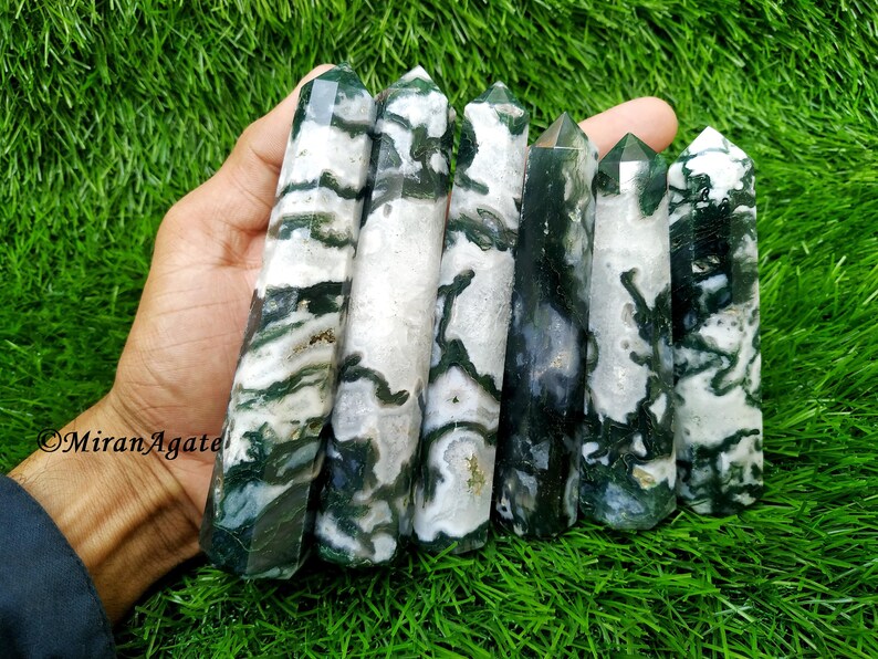 Wholesale Moss Agate Obelisk Lot of 6 Pieces Natural Druzy Moss Agate Crystal Healing Wand