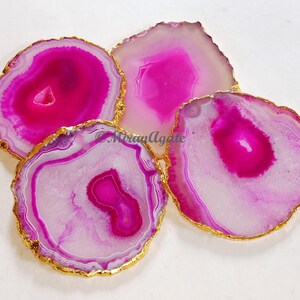 Pink Agate Coasters Set Of 4 Gold or Silver Electroplated, Home Decor, Handmade Coaster