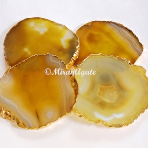 Set of 4 Yellow Agate Coasters,Drink-ware Coaster Set, Gold or Silver Electroplated,Handmade Coaster,Table Coasters