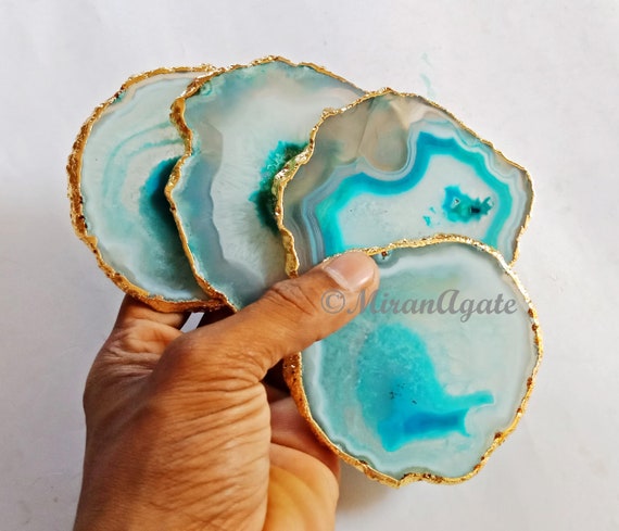 Turquoise Blue Agate Coasters Set of 4 Gold or Silver Electroplated, Handmade Coaster, Home Decor