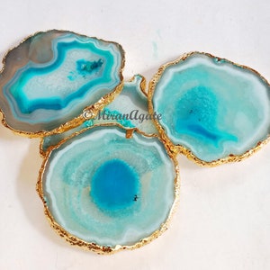 Turquoise Agate Coasters, Natural Gold or Silver Edge, Stone Drink Coasters, Table Decor, Handmade Gift image 3