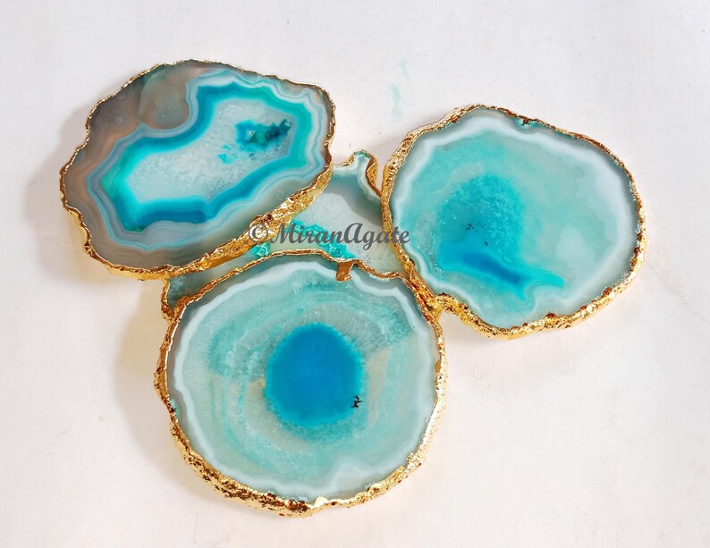 Turquoise Agate Coasters, Natural Gold or Silver Edge, Stone Drink Coasters, Table Decor, Handmade Gift image 3