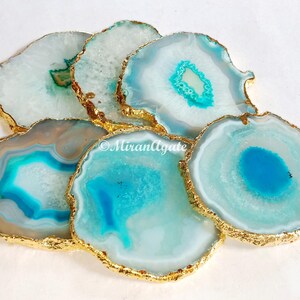 Turquoise Agate Coasters, Natural Gold or Silver Edge, Stone Drink Coasters, Table Decor, Handmade Gift image 2