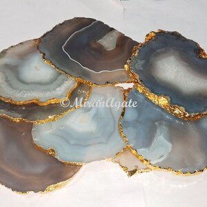 Natural Grey Agate Coaster Set Of 4, Gold or Silver Electroplated, Handmade Coaster, Home Decor
