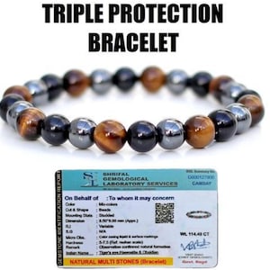 Original Triple Protection with Certificate Bracelet | Tiger Eye, Black Obsidian, Hematite Crystal 8mm Beads Bracelet for Men & Women