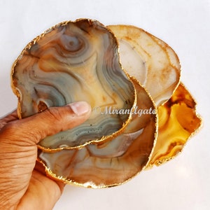 Brown Agate Coaster Set of 4 Gold or Silver Electroplated, Handmade Coaster, Home Decor