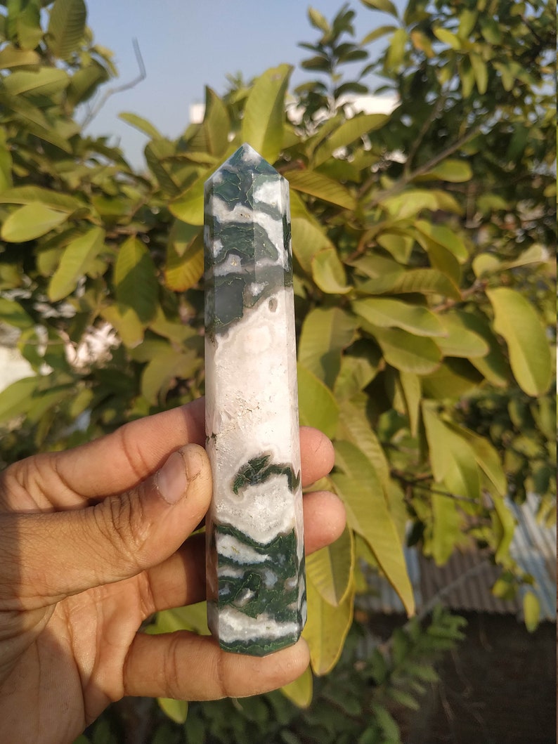 Wholesale Moss Agate Obelisk Lot of 6 Pieces Natural Druzy Moss Agate Crystal Healing Wand
