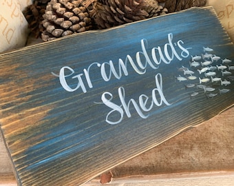 Grandad's Shed Sign decorated with a shoal of fish
