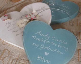 Handmade wooden hearts, wedding favours & personalised thank you gifts, thank you for being my Godmother, flower girl,  page boy bridesmaid