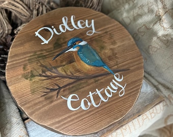Wood cottage sign Round address sign Personalised family plaque, Live Love Laugh, family name and established plaque .
