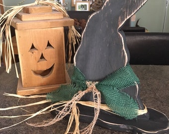 Rustic wood Jack o lantern personalised, Custom Halloween witches hat Handmade Halloween witches decorations  Trick or Treat wood lantern