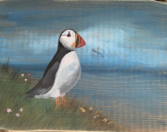 Puffin Art, Coastal bird art, Gift for bird lover, Painted Pembrokeshire Puffins on wood, Puffin wall art,