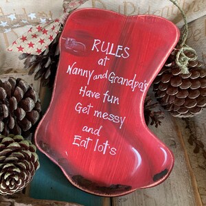 Handgefertigtes Gummistiefel-Schild, Regeln für Oma und Opa, maßgefertigte Holzplakette Bild 2