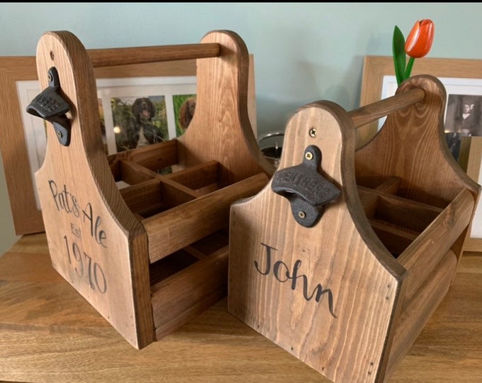 Featured listing image: Custom Wood beer caddy gift Six pack beer crate Personalised groomsman gift Best man Usher Fathers Day gift Teacher Retirement Gifts for him