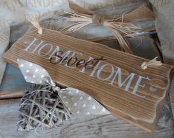 Home is where your story begins. Family wood plaque / sign personalised with handmade wooden hanging hearts