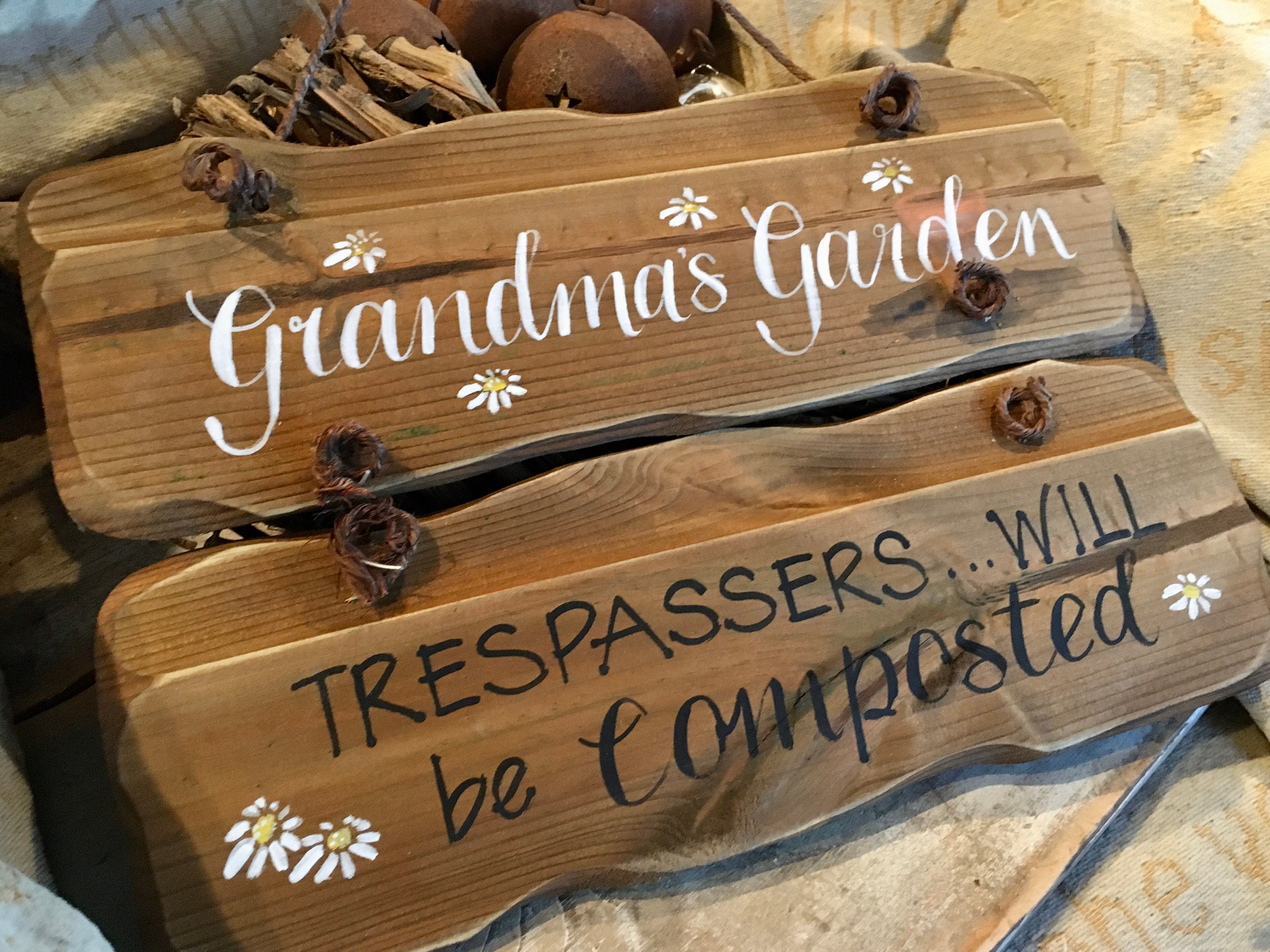Custom Grandad&#39;s garden plaque. Unique birthday, anniversary & memorial gift. Trespassers will be composted sign. Handpainted custom sign