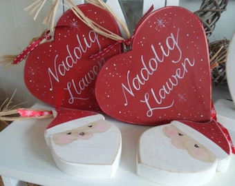 Merry Christmas, Nadolig Llawen 18cm, 9cm rustic wooden hearts. Bespoke custom Christmas decorations, personalise with names, Teacher gifts