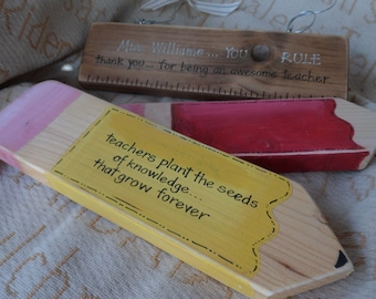 Personalised teacher thank you gifts and keepsakes. A ruler or a pencil with a  personal quote. A teacher plants the seeds of knowledge