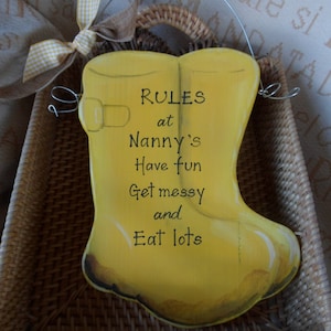 Humerous Nanny and Grandad gifts. Custom Wellington boots sign, Nanny&#39;s rules  ... Choose your own wording Bespoke gift for grandparents