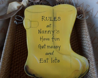 Humerous Nanny and Grandad gifts. Custom Wellington boots sign, Nanny's rules  ... Choose your own wording Bespoke gift for grandparents