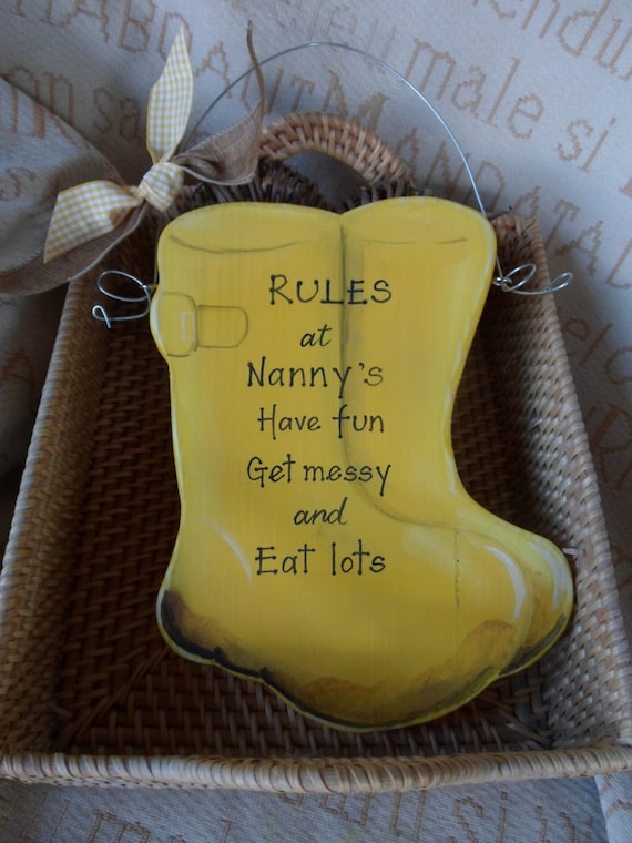 Humerous Nanny and Grandad gifts. Custom Wellington boots sign, Nanny's rules  ... Choose your own wording Bespoke gift for grandparents