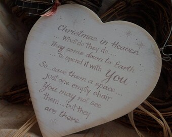 Christmas in heaven memorial wood heart plaque, when robins appear a loved one is near, snowflakes are kisses from heaven , christmas heart