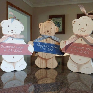 Personalised Newborn, Christening, First Birthday and Baby Shower gift. Custom keepsake gift for baby boy and girls. Nursery Baby Bear sign