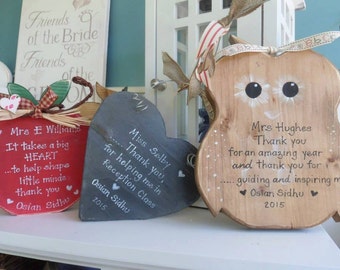 Teacher gifts, a lovely selection of ideas, from slate hearts, owls and apples with a personalised quote for your favourite teacher.