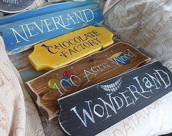 Fairytale Storybook signpost sign School reading corner Baby Nursery decor Custom wedding decor Peter Pan The Shire Wonderland 100 Acre Wood