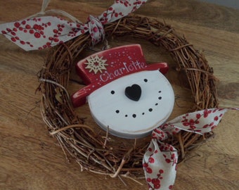 22 cm Rustic snowman wreath Personalised Christmas door & mantel decoration Babies 1st Christmas gift  Personalised Primitive snowman wreath