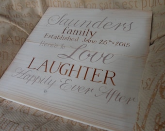 Here's to Love laughter and Happily Ever after wooden wedding plaque