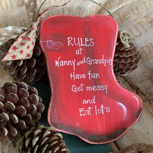 Handgefertigtes Gummistiefel-Schild, Regeln für Oma und Opa, maßgefertigte Holzplakette Bild 3