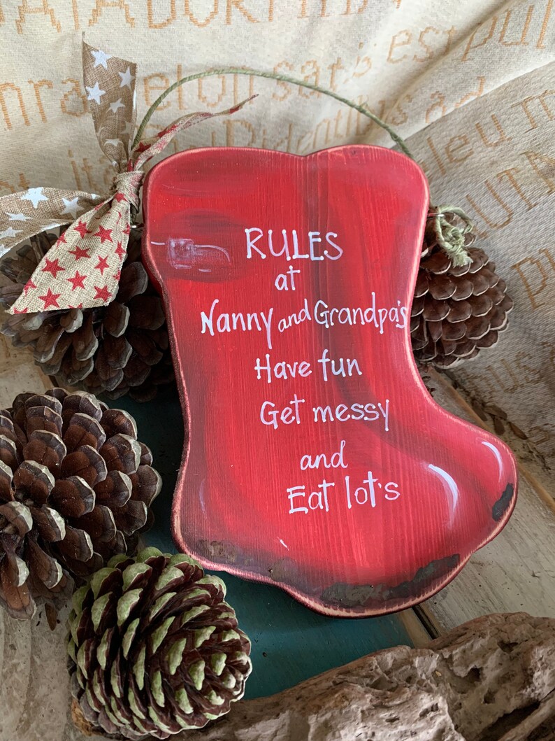 Handgefertigtes Gummistiefel-Schild, Regeln für Oma und Opa, maßgefertigte Holzplakette Bild 3