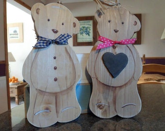 New baby, newborn and christening wooden teddy bear plaques. Theo and Theodora are handmade and ready for personalisation. Nursery decor.