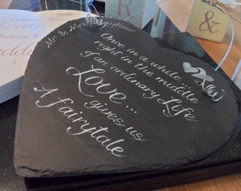 Every Love story is beautiful slate heart. Bespoke welsh slate gift for wedding anniversary or engagement. Personalised Welsh slate hearts