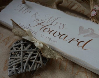 Personalised wedding, anniversary, engagement gifts, Mr and Mrs...Happily ever after is an unusual handmade shabby chic plaque, with wicker