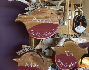 Personalised Wood Christmas Robin Bespoke Christmas decoration My first Christmas custom bauble gifts  Xmas Tree Ornaments Mantel Decoration