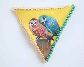 Brooch "Owl", Handmade Brooch, Leather Broch, Handpainted Broch, Owl Brooch, Owl Bird, Accessories, Art, Painting, Acrylic Painting