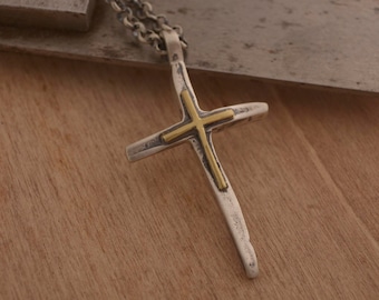 Sterling Silver and Gold Cross Necklace for Men Women, Unique Jewelry for Christians, Handcrafted Double Cross ST723