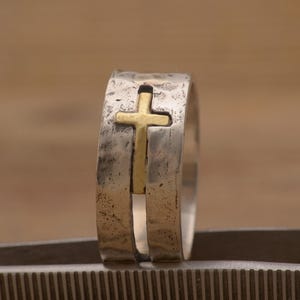 Faith Ring for men, Sterling Silver and 14KT Gold Cross Ring, Christian Gift, Free inside engraving, DA941