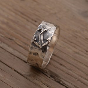 Sterlingzilveren ankerband, herenmarineblauw, zeering, 9 mm breed, nautische statementring, DA860